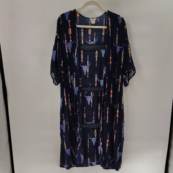 Ariat Open Kimono Size Medium Large Navy Bullhead Print Lace Detail - Picture 1 of 6